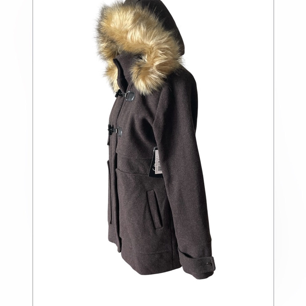 Brown Pea Coat with Faux Fur Hood - Picture 3 of 11